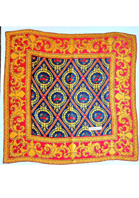 Vintage TIFFANY & CO. printed silk scarf blue, red, green and gold design with hand-rolled edges silk scarf 34x34