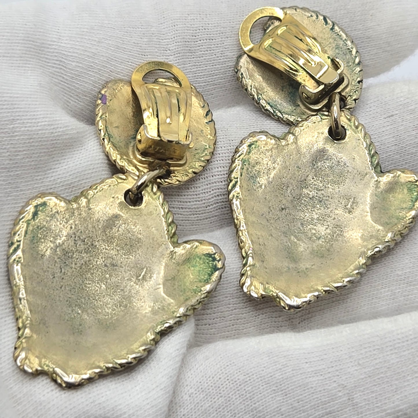 Vintage Large Designer Runway ITALY Signed Fish Dangle Gold Tone Clip on Earrings