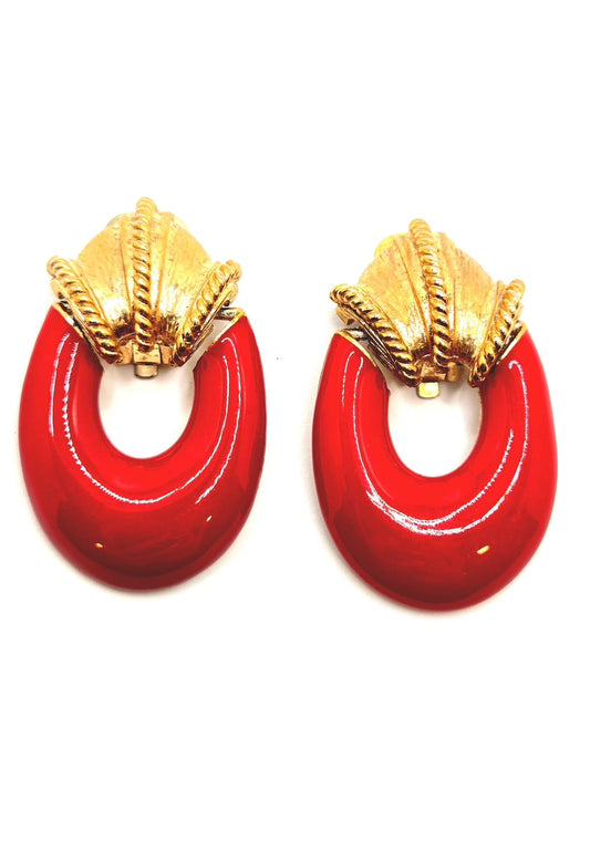 Vintage DOOR KNOCKER Large Etruscan Red Enamel Gold tone Dangle Clip on Earrings