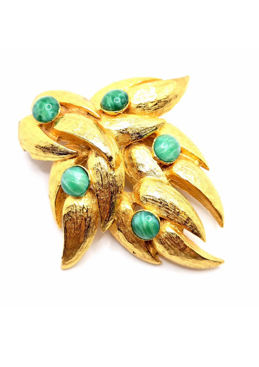 Vintage Designer Runway Beautiful Gold tone with green Faux Jade Brooch Pin