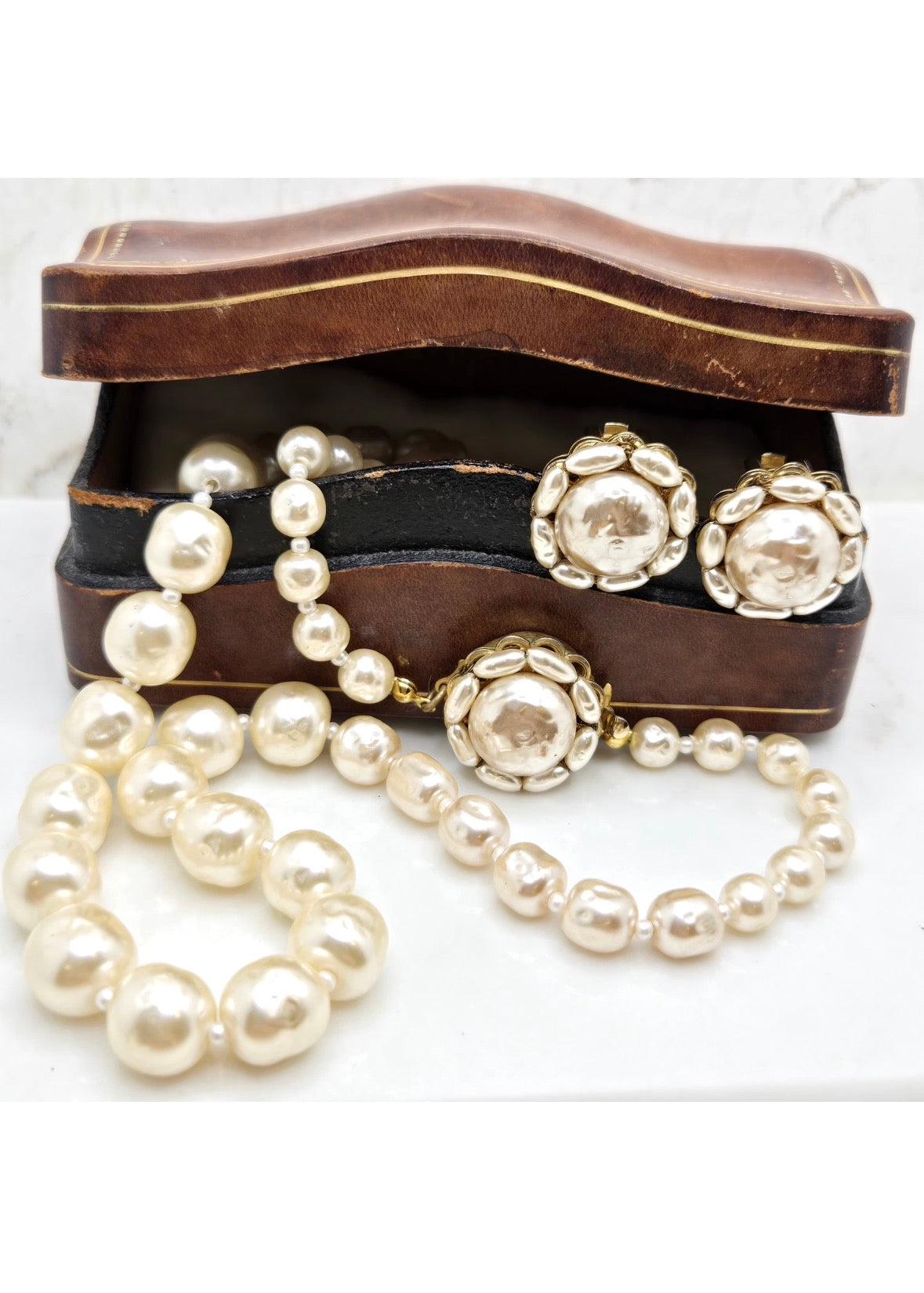 Vintage MIRIAM HASKELL Faux Baroque Pearl Single Strand Necklace & Clip On Earrings Set