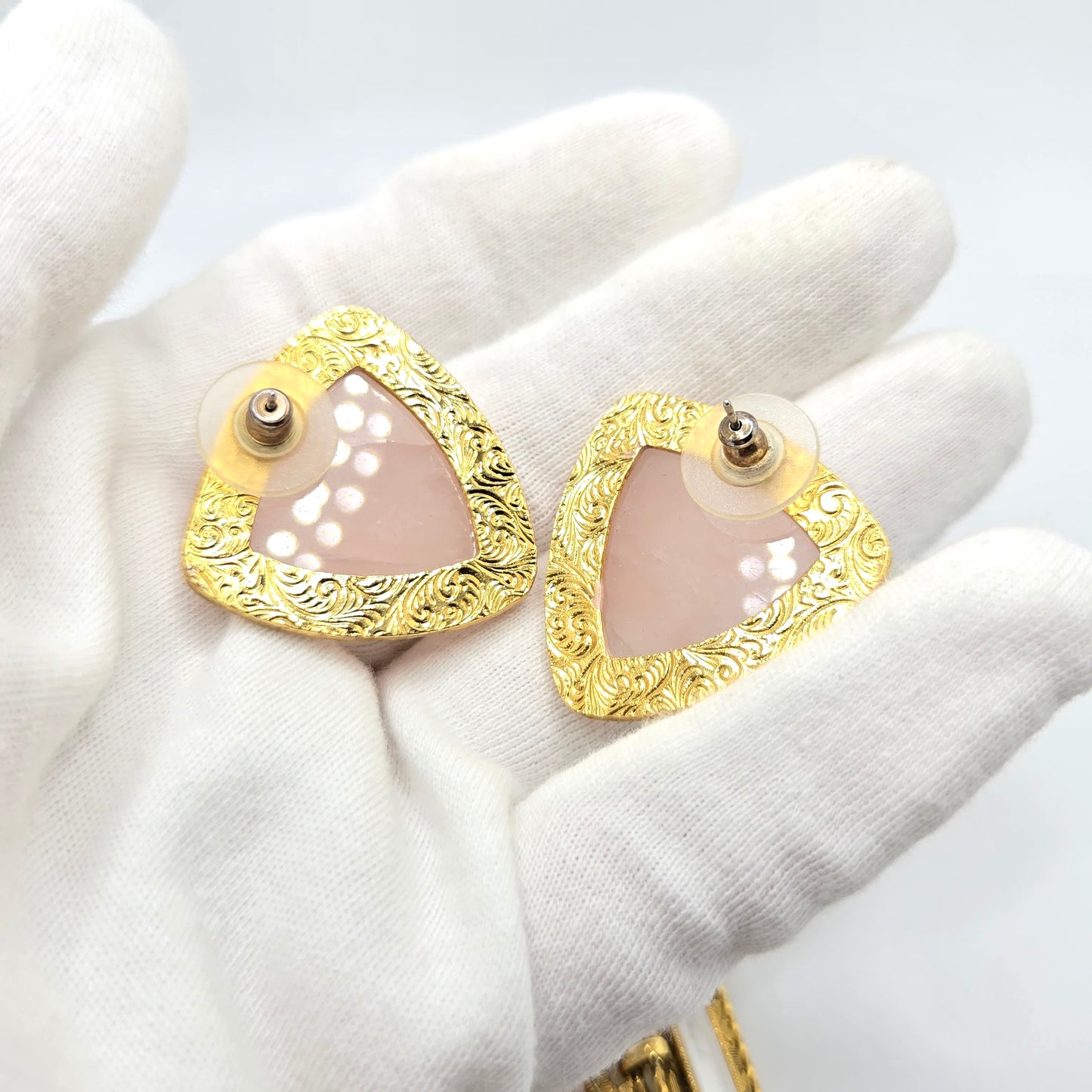 Vintage 1928 Pink Rose Quartz Gold-Tone Brooch Pin with Earrings Set