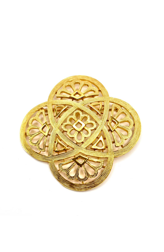 Vintage TRIFARI Crown Flower Celtic Knot Cutwork/Cross Gold Tone Brooch pin