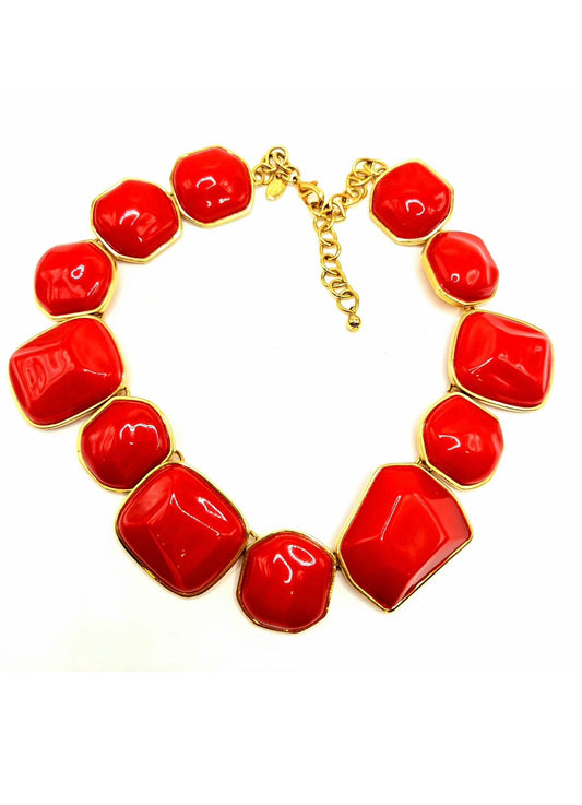 Vintage KJL Kenneth Jay Lane Red Lucite Modernist gold tone designer runway necklace