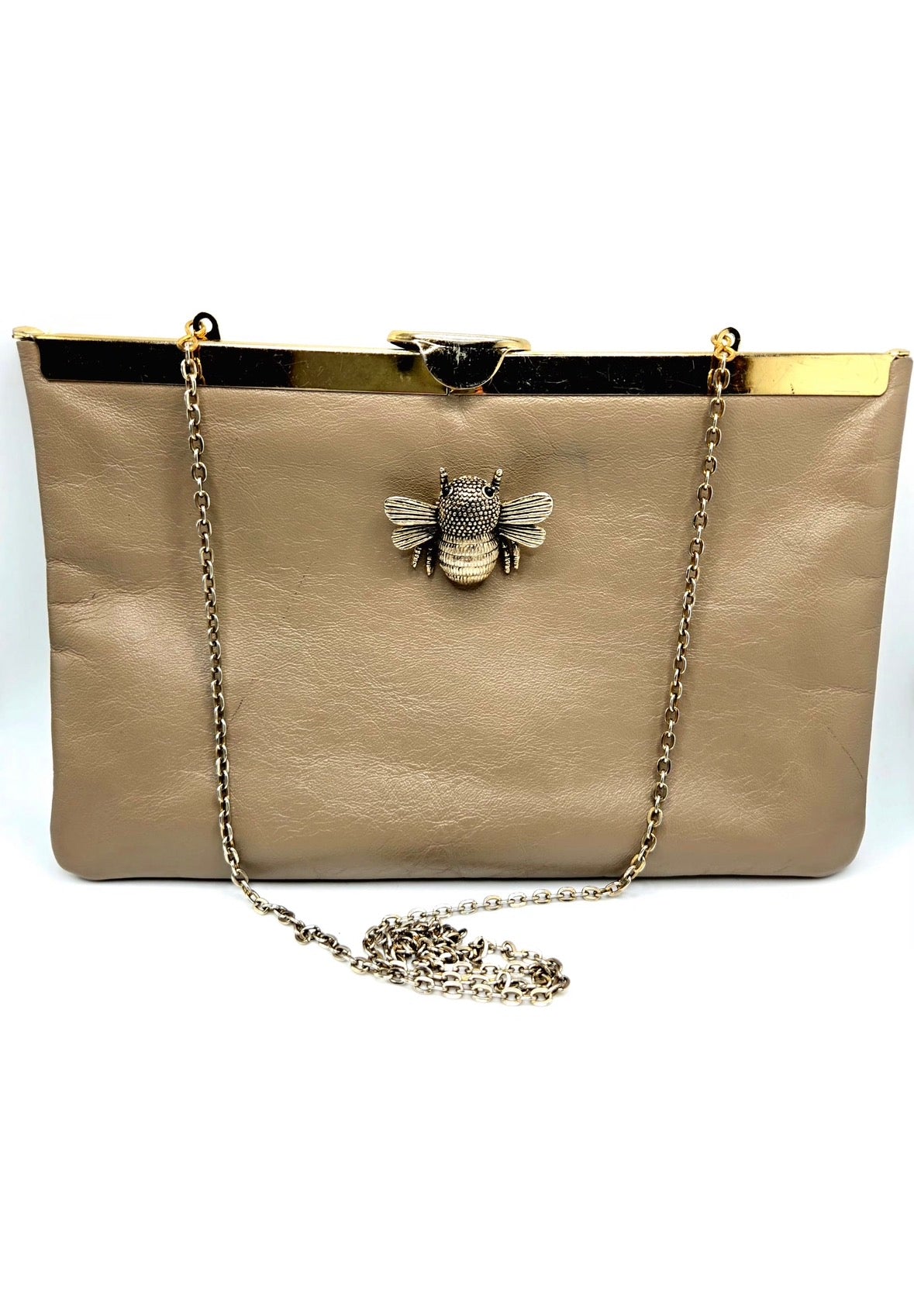 Vintage ETRA grey-brown leather clutch bag with antique silver shoulder chain and bee brooch pin