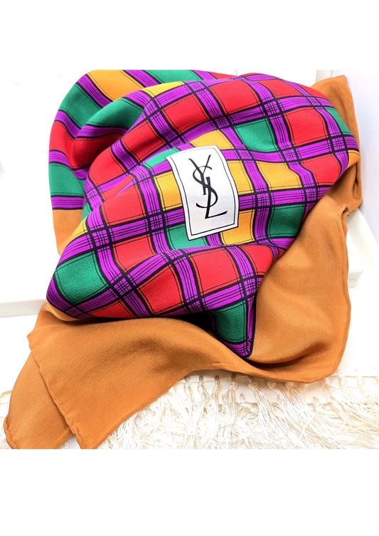 Vintage YVES SAINT LAURENT YSL Silk Tartan Plaid Multicolor Foulard Scarf Hand-Rolled