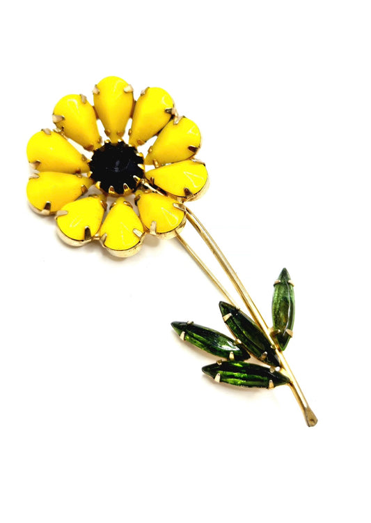 Vintage WEISS unsigned Yellow Flower Green Black Rhinestones Gold tone Brooch Pin