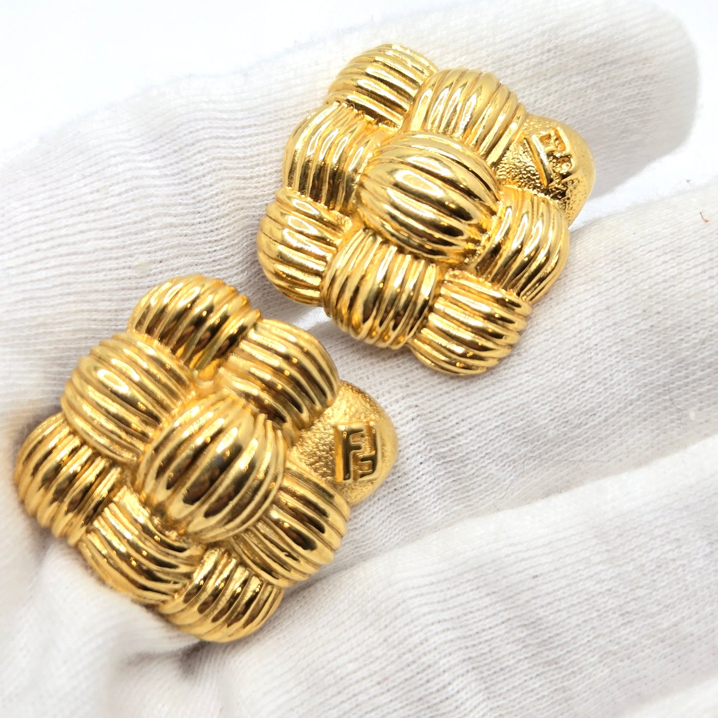 Vintage FENDI Signed FF logo Basket Weave Gold tone square designer runway Earrings