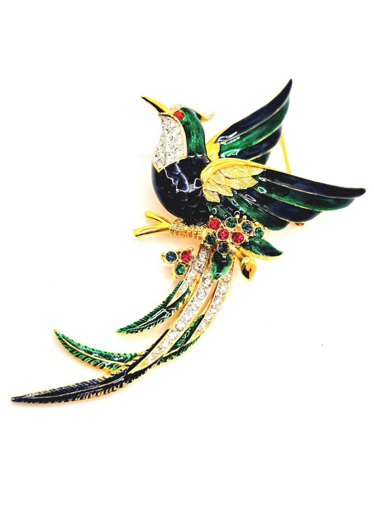 Vintage D'ORLAN BIRD Blue Green Enamel Rhinestones Gold Tone Brooch Pin