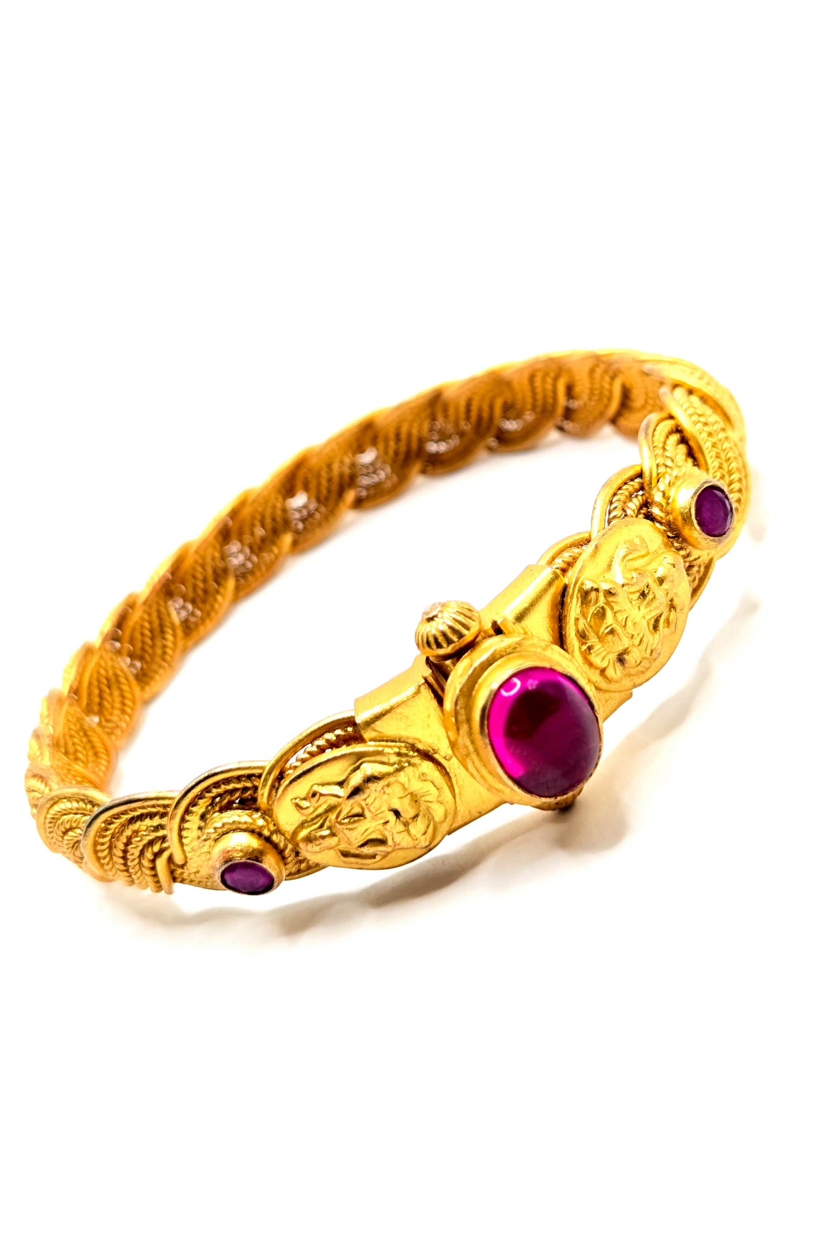 Vintage 925 Silver Temple Kada braided screw pink Cabochon gold tone bracelet