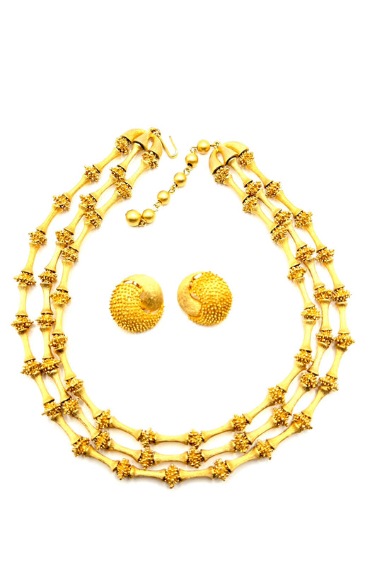 Vintage TRIFARI CROWN Electra Collection 3 Strand Gold Tone Necklace and clip on earrings set