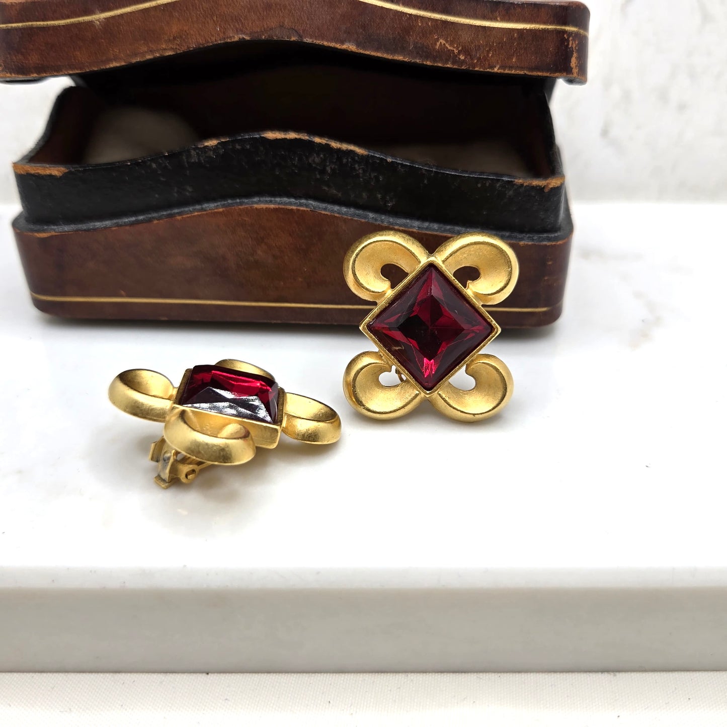 Vintage Designer Runway Byzantine Openwork Gold Tone Red Square Cabochon Clip-On Earrings