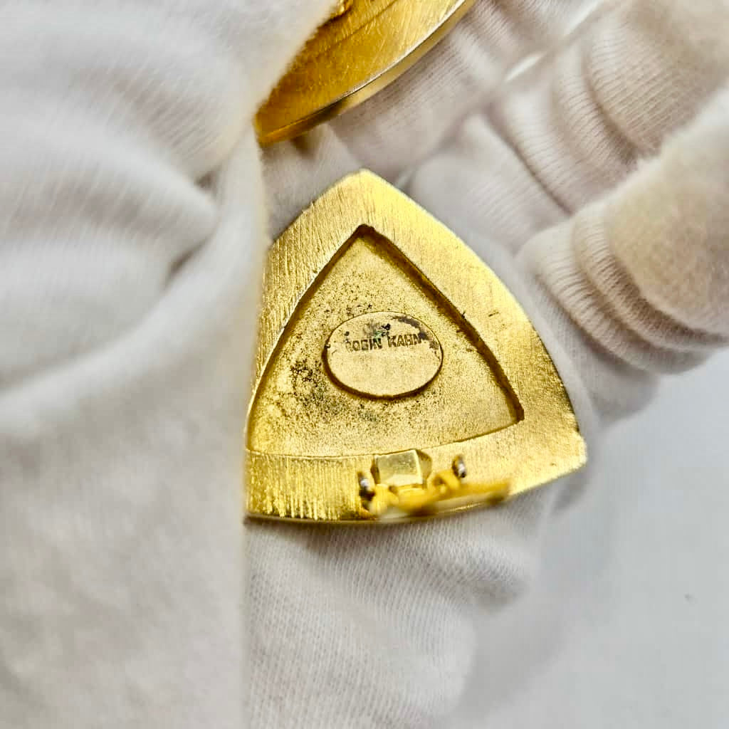 Vintage ROBIN KAHN Large Modernist Red Ruby Rhinestones Gold tone clip on earrings