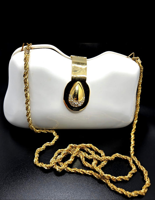 Vintage LE-ANN White Lucite Hard Clutch with Gold-Tone Shoulder Chain & Rhinestone Accents Evening Purse