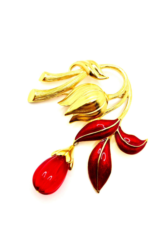 Vintage TRIFARI TM huge flower gold tone red enamel red lucite Dangle Brooch pin