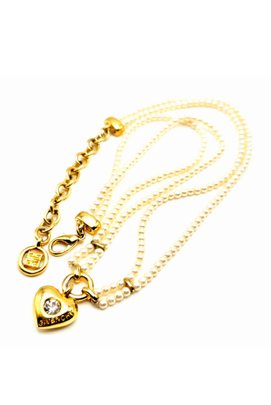 Vintage GIVENCHY Signed Heart, Double Strand Faux Pearls, Rhinestone, Gold Tone Necklace