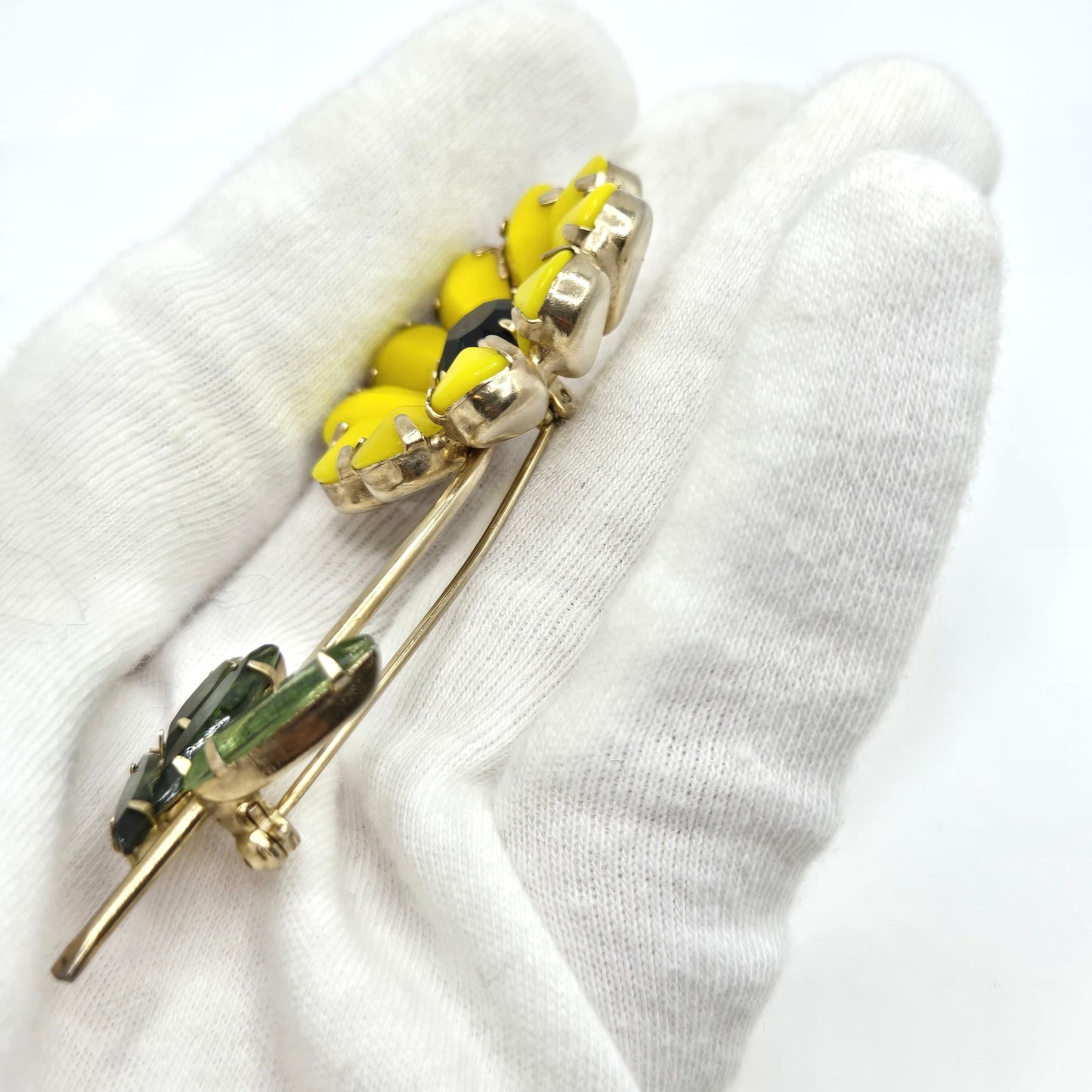 Vintage WEISS unsigned Yellow Flower Green Black Rhinestones Gold tone Brooch Pin