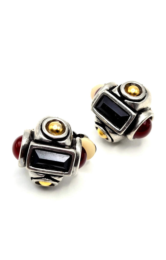 Vintage FAHRENHEIT Mixed Metal red black Cabochon Modernist  silver tone Clip on Earrings
