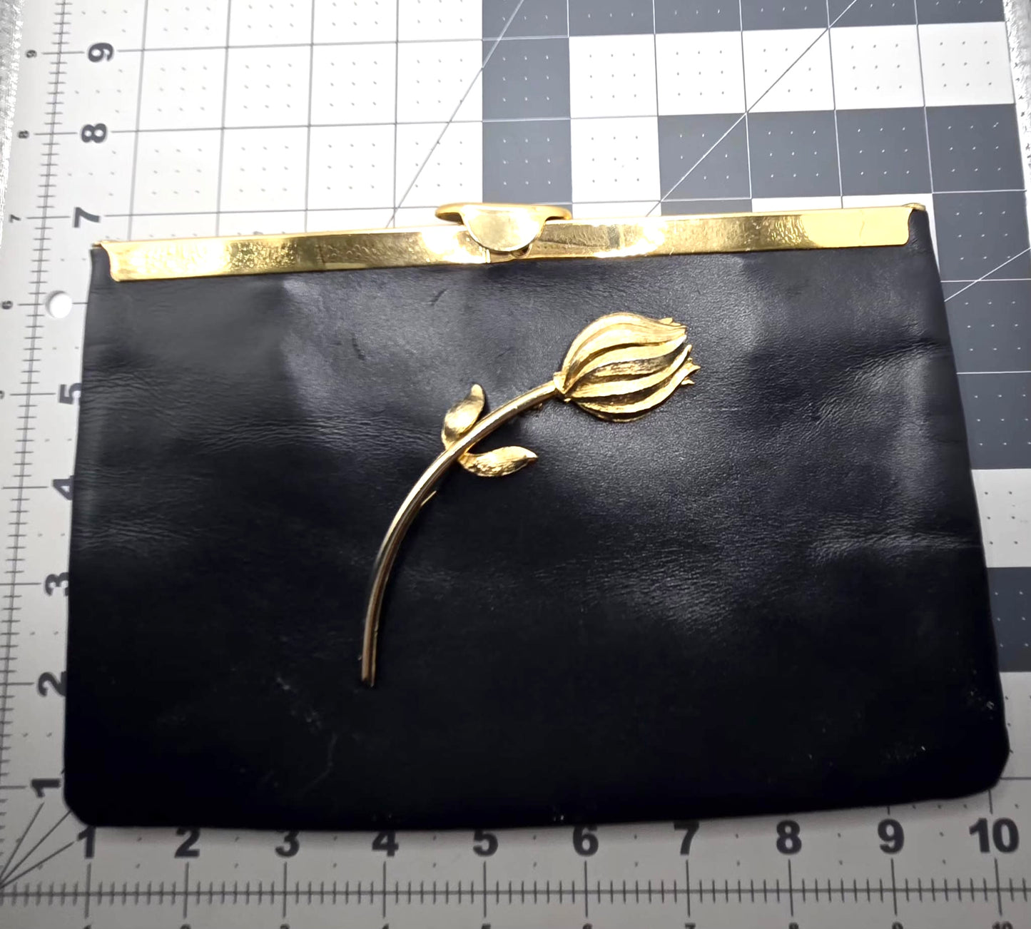 Vintage ETRA navy blue leather clutch bag with tulip bud Brooch pin and gold tone chain