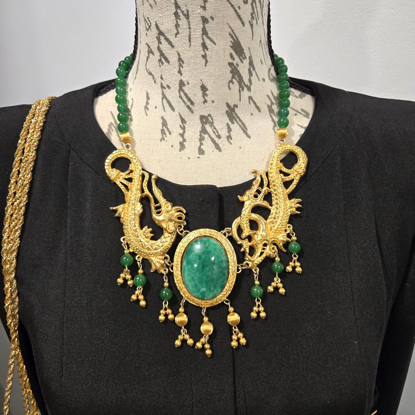 Vintage Designer Runway Statement Necklace with Massive Dragon Motif, Gold-Tone Metal and Faux Green Jade Beads