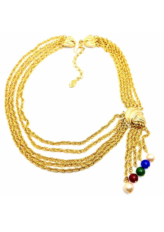 Vintage Designer Runway Statement Necklace Multi-Strand Chain Multicolor Beads Tassel Gold Tone