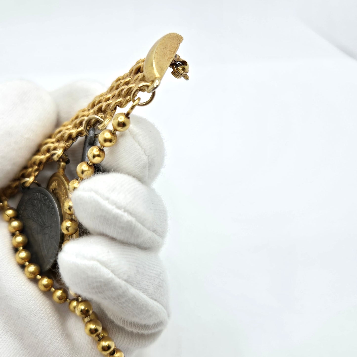 Vintage Republique Francaise Faux Coins Dangle Gold Tone Chain Brooch Pin Designer Runway