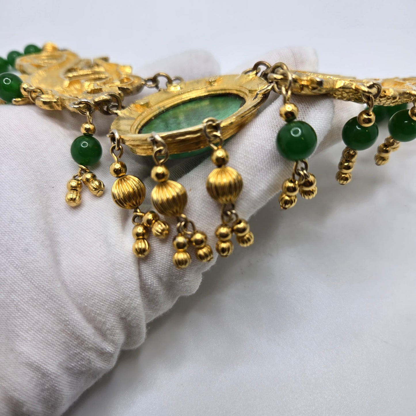 Vintage Designer Runway Statement Necklace with Massive Dragon Motif, Gold-Tone Metal and Faux Green Jade Beads