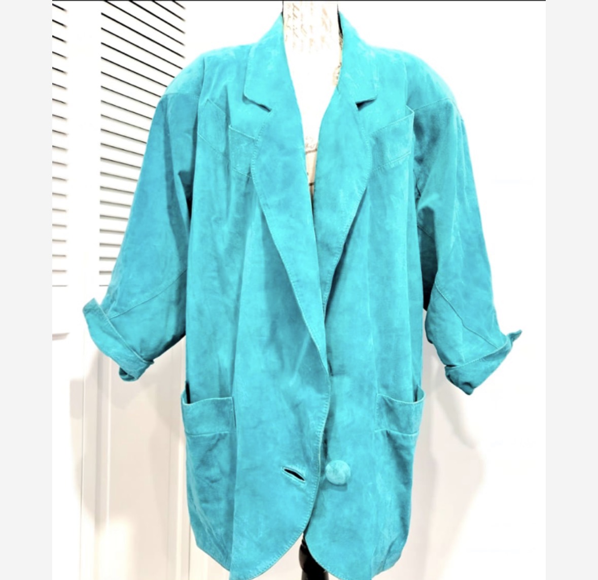 Vintage MADGE'S teal blue suede leather oversized coat jacket shoulder pads size L