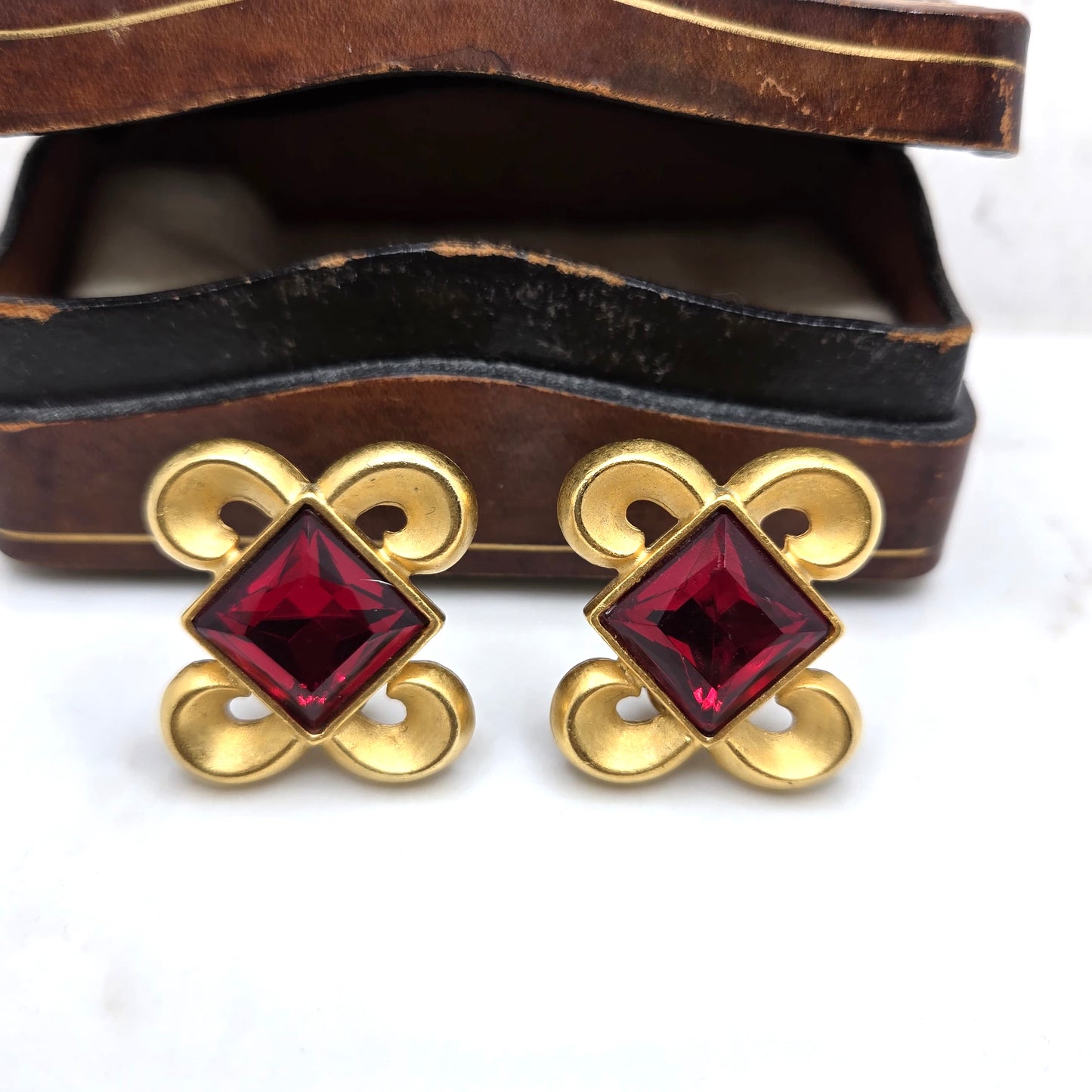 Vintage Designer Runway Byzantine Openwork Gold Tone Red Square Cabochon Clip-On Earrings