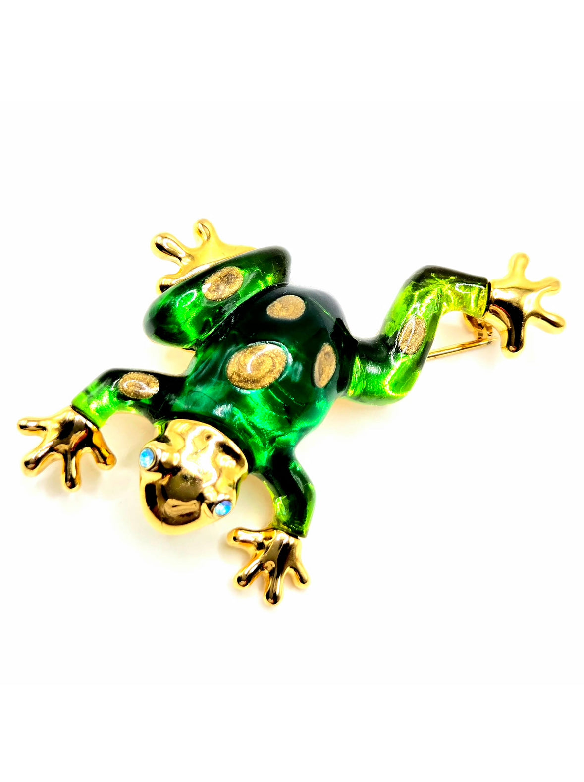 Vintage ANNE KLEIN Frog green lucite gold tone blue eyes rhinestones brooch pin