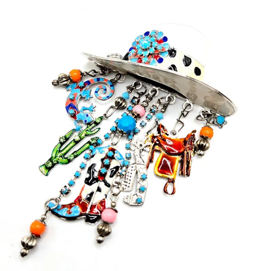 Vintage LUNCH at the RITZ LATR2GO Western Cowgirl hat dangle charms silver tone Brooch Pin/Pendant