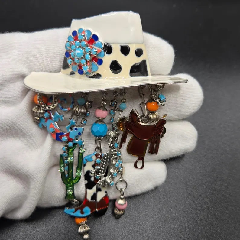 Vintage LUNCH at the RITZ LATR2GO Western Cowgirl hat dangle charms silver tone Brooch Pin/Pendant