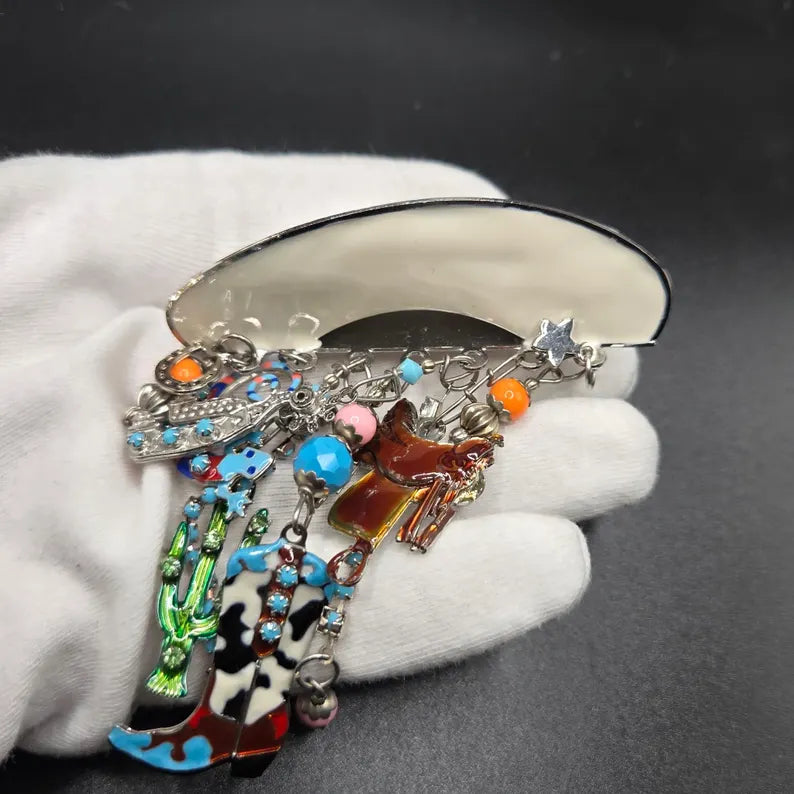 Vintage LUNCH at the RITZ LATR2GO Western Cowgirl hat dangle charms silver tone Brooch Pin/Pendant