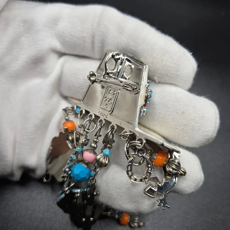Vintage LUNCH at the RITZ LATR2GO Western Cowgirl hat dangle charms silver tone Brooch Pin/Pendant