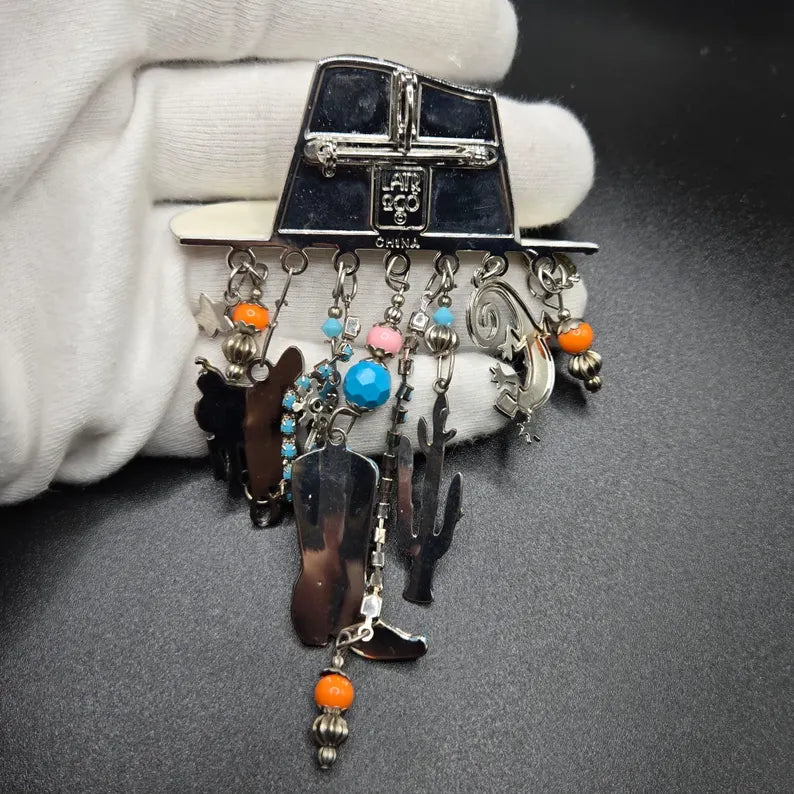 Vintage LUNCH at the RITZ LATR2GO Western Cowgirl hat dangle charms silver tone Brooch Pin/Pendant