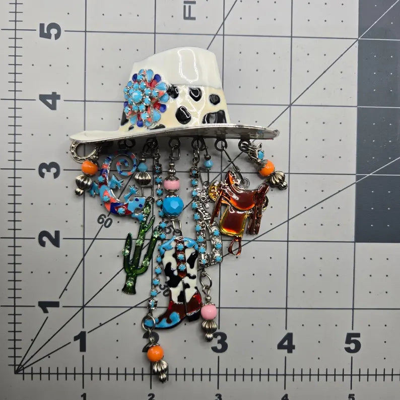 Vintage LUNCH at the RITZ LATR2GO Western Cowgirl hat dangle charms silver tone Brooch Pin/Pendant