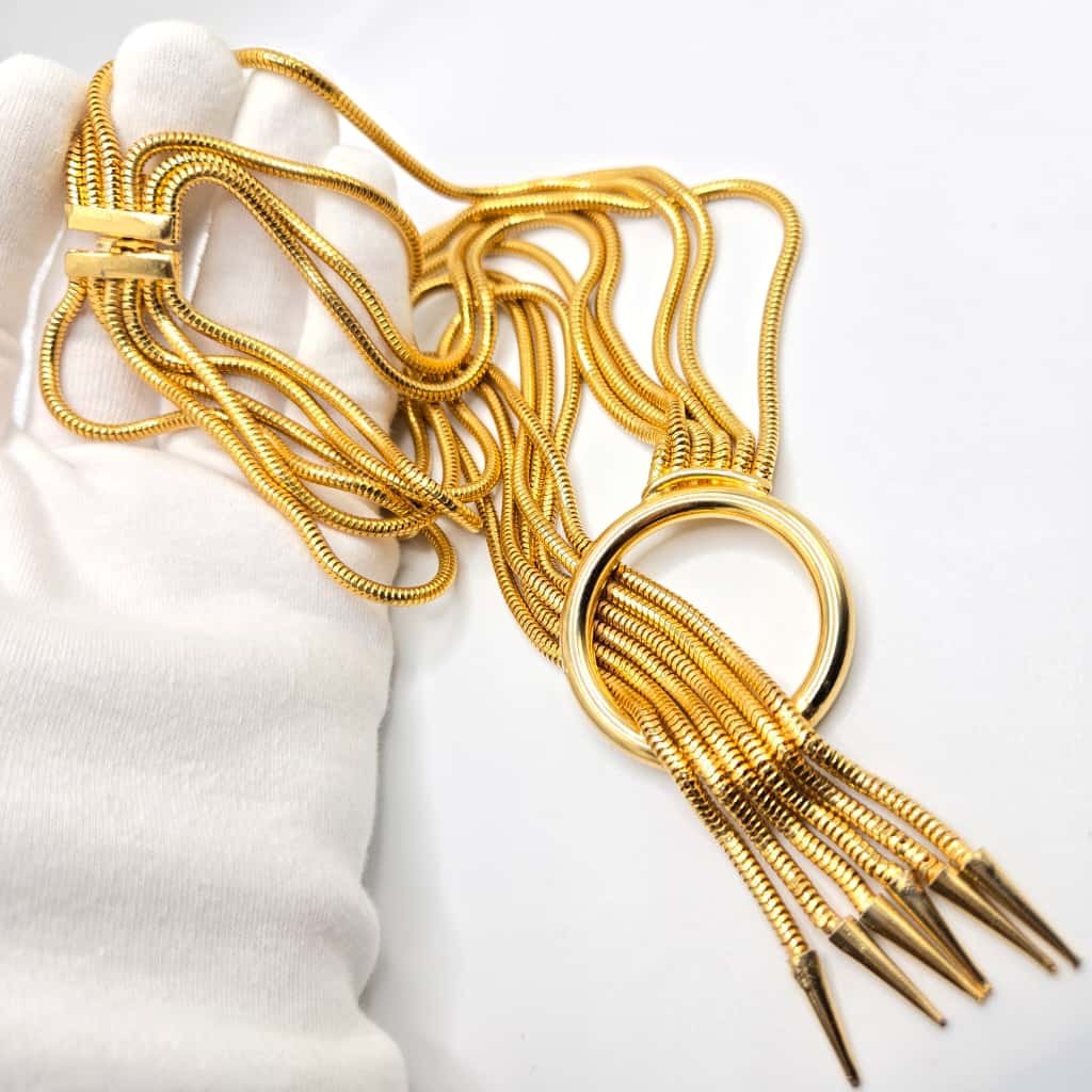 Vintage Designer Runway Multi strand snake chain gold tone necklace and bracelet set