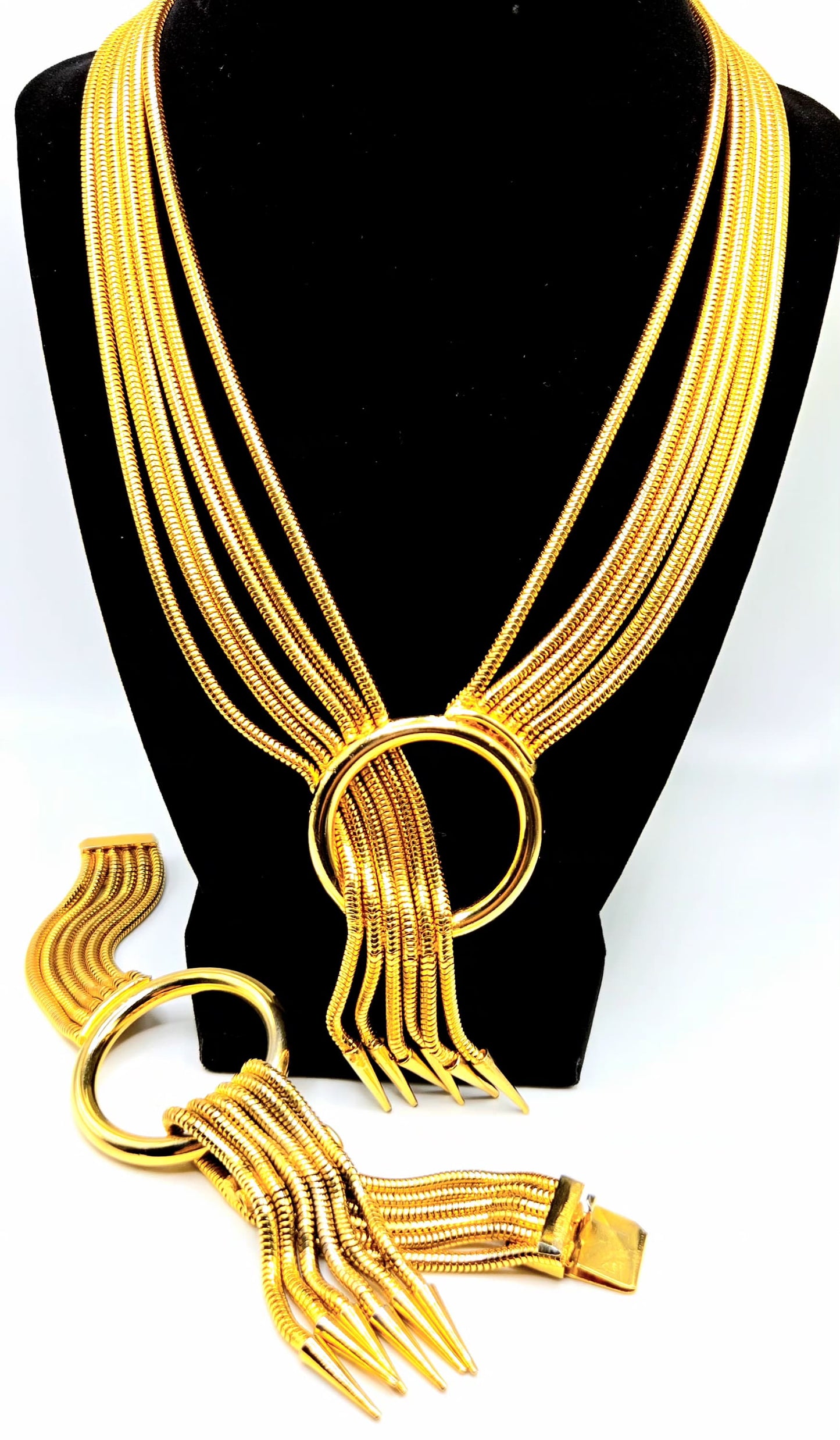 Vintage Designer Runway Multi strand snake chain gold tone necklace and bracelet set