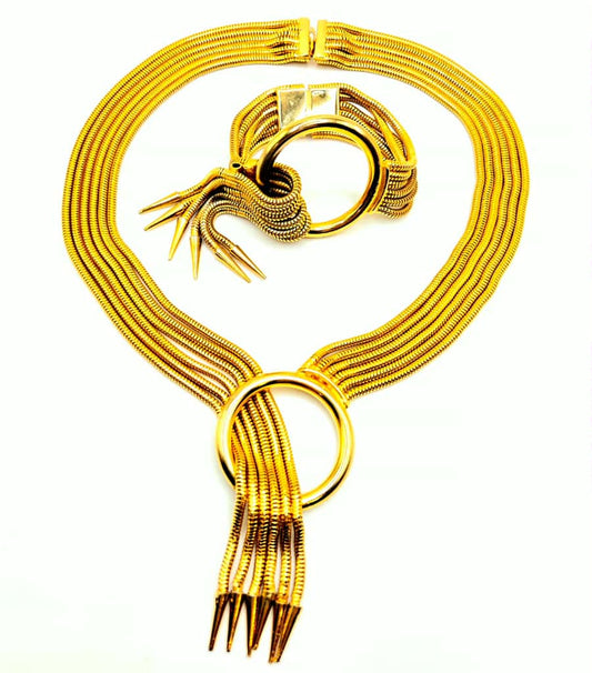 Vintage Designer Runway Multi strand snake chain gold tone necklace and bracelet set