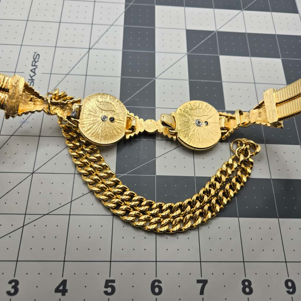 Vintage Judith Leiber Designer Runway Coin Embellished Stretch Belt gold tone. 25-28 inches