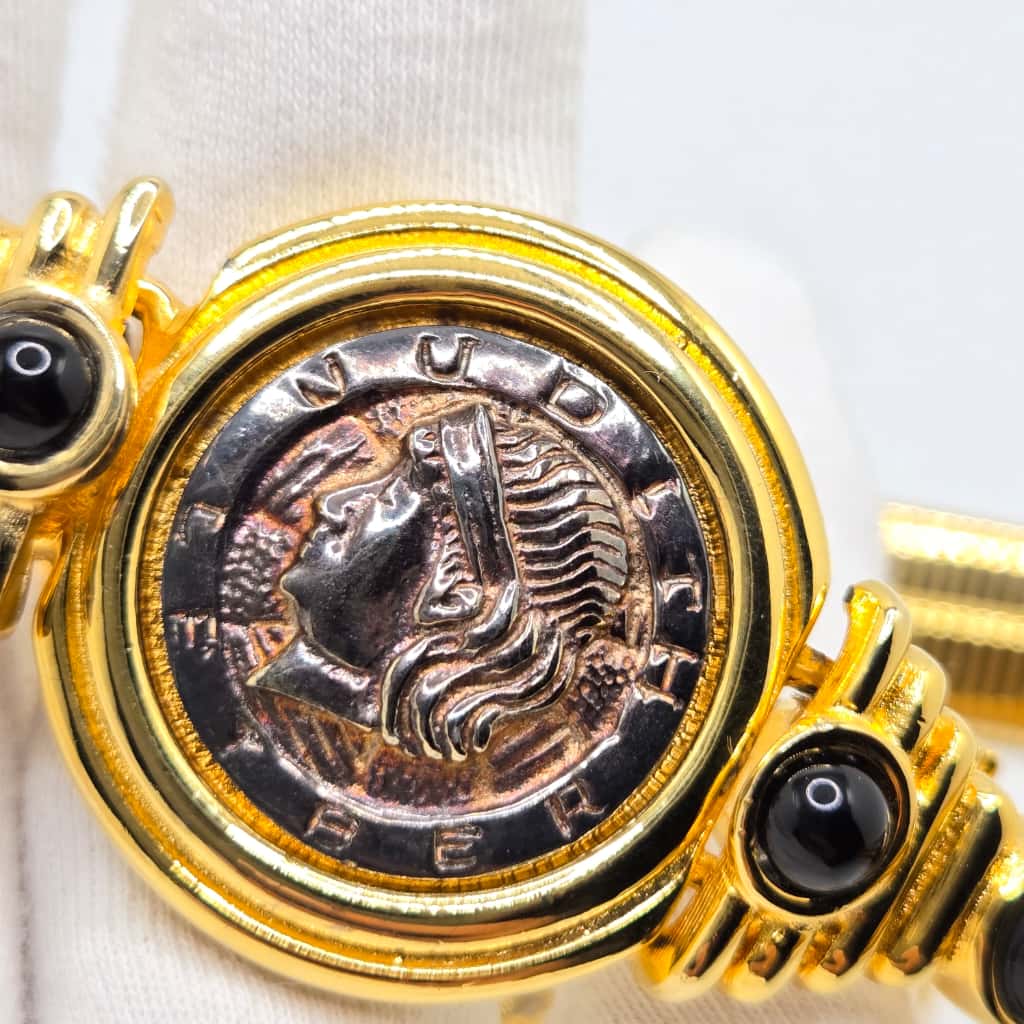 Vintage Judith Leiber Designer Runway Coin Embellished Stretch Belt gold tone. 25-28 inches