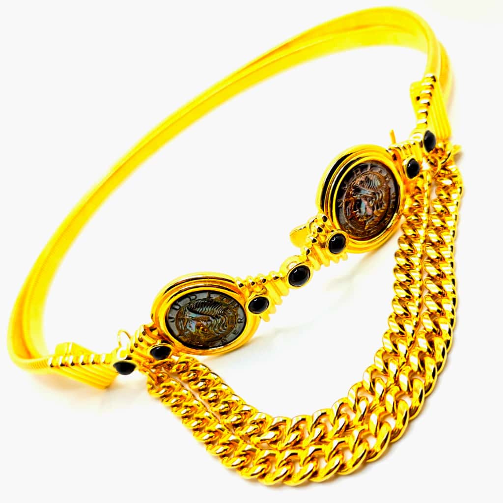 Vintage Judith Leiber Designer Runway Coin Embellished Stretch Belt gold tone. 25-28 inches