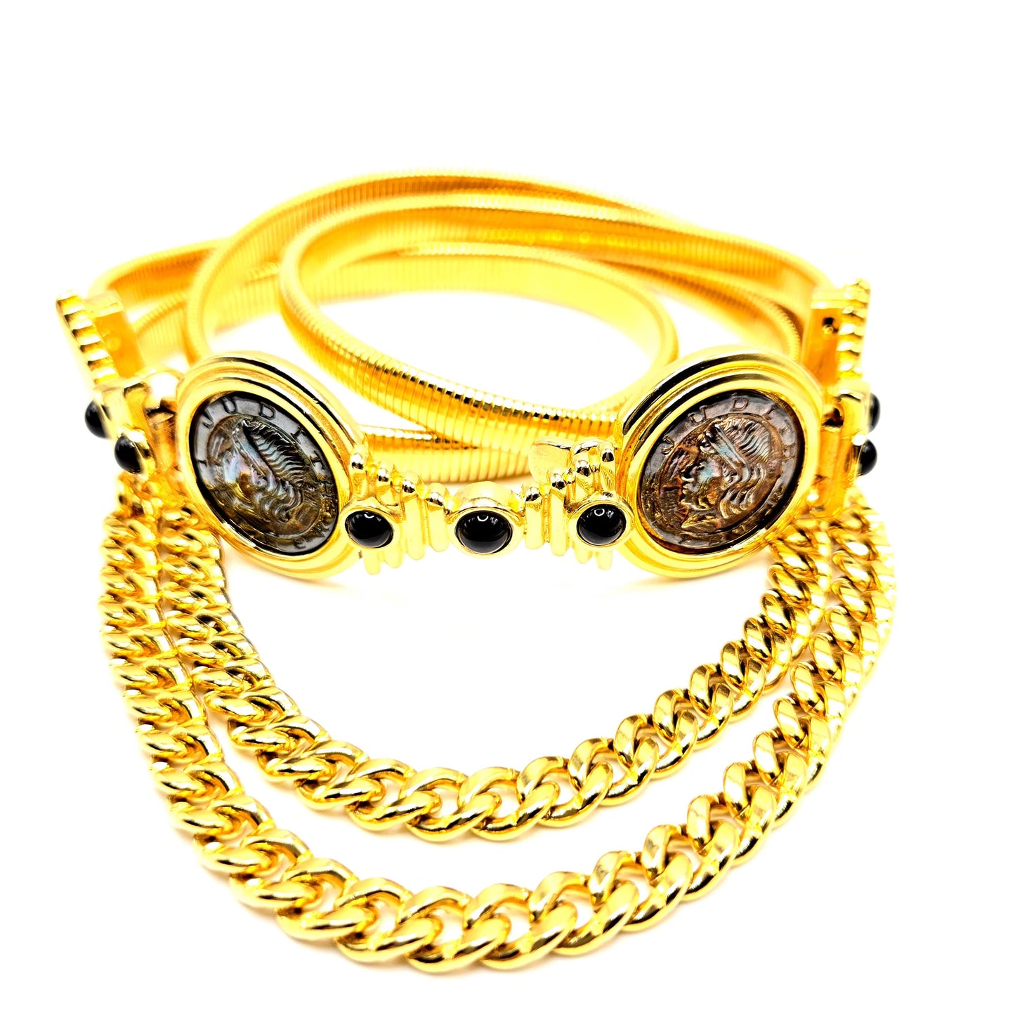 Vintage Judith Leiber Designer Runway Coin Embellished Stretch Belt gold tone. 25-28 inches