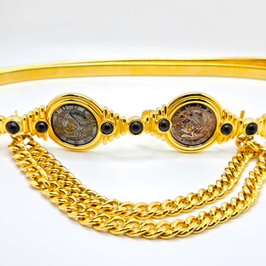 Vintage Judith Leiber Designer Runway Coin Embellished Stretch Belt gold tone. 25-28 inches