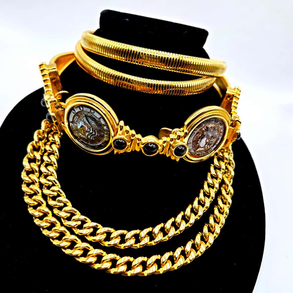 Vintage Judith Leiber Designer Runway Coin Embellished Stretch Belt gold tone. 25-28 inches