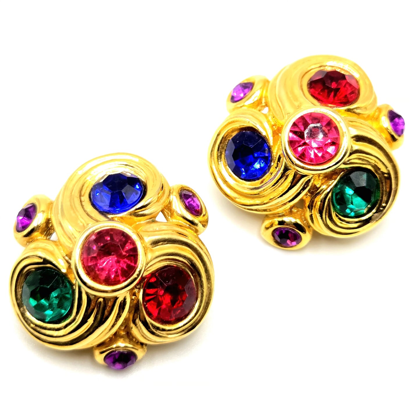 Vintage multicolor rhinestones gold tone designer runway clip on earrings