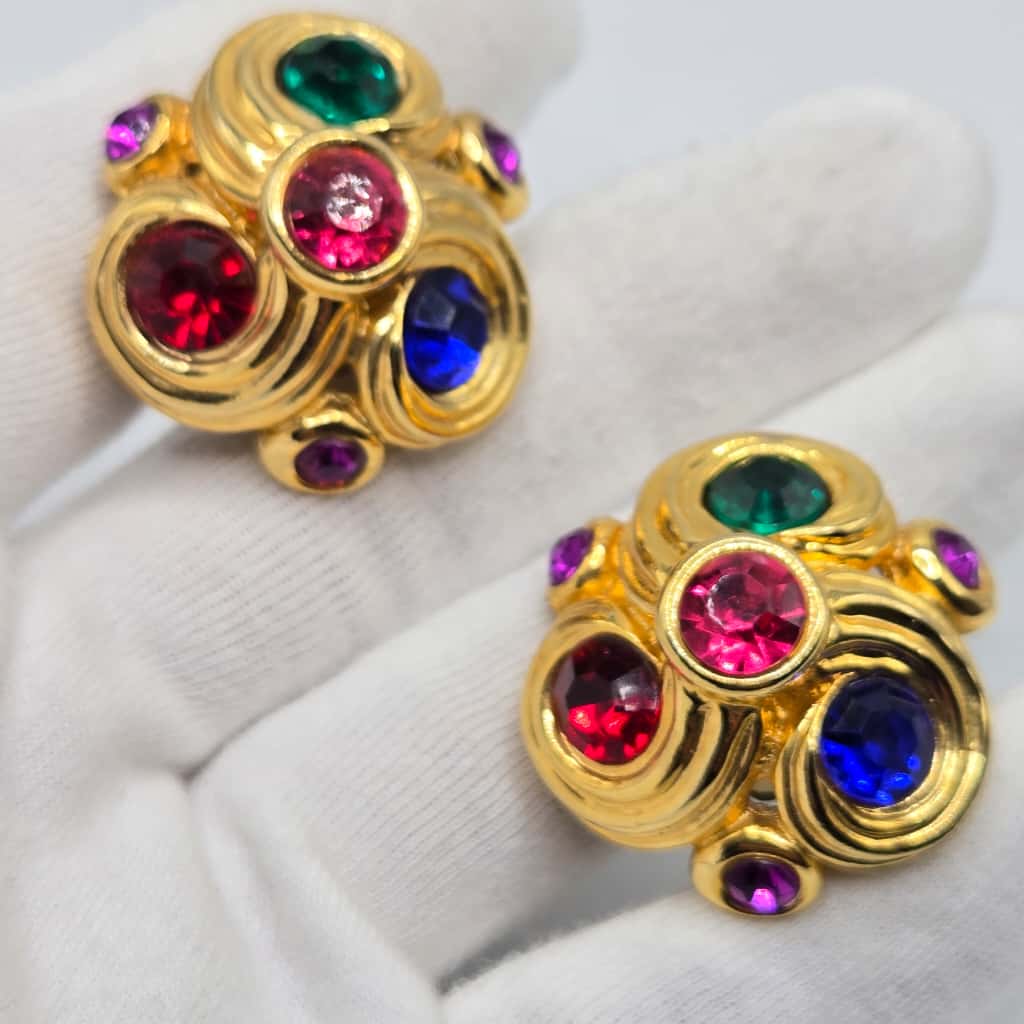 Vintage multicolor rhinestones gold tone designer runway clip on earrings