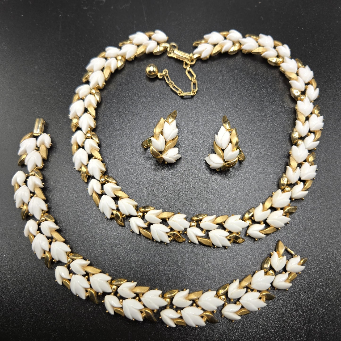Vintage Trifari crown Alfred Philippe Parure White Lily Of Valley Necklace bracelet clip on Earrings set