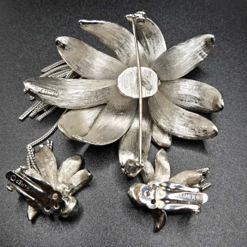Vintage KRAMER signed flower tassel Brushed Silver tone Brooch Pin and Clip on Earrings set