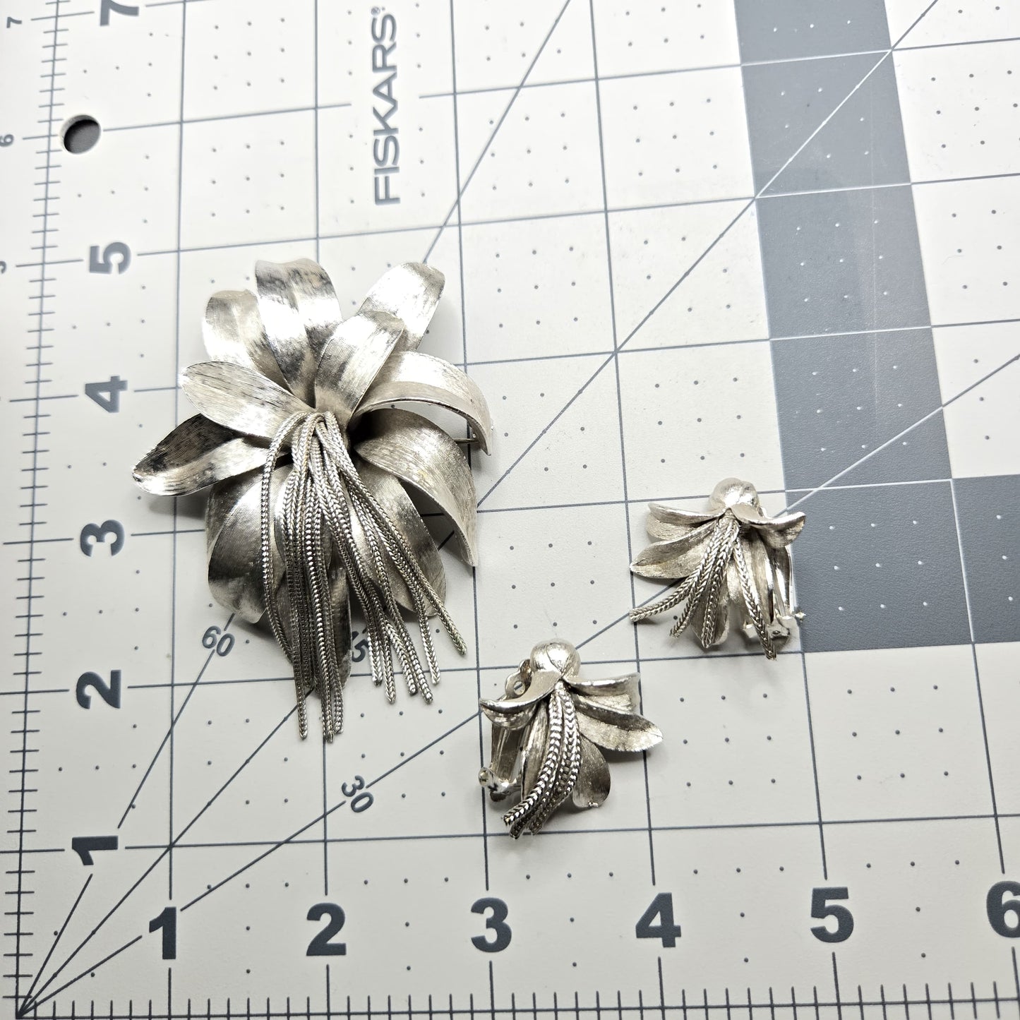 Vintage KRAMER signed flower tassel Brushed Silver tone Brooch Pin and Clip on Earrings set